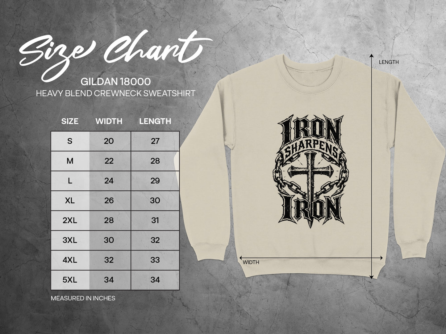 Gildan 18000 sweatshirt size chart with dimensions and "Iron Sharpens Iron" graphic.
