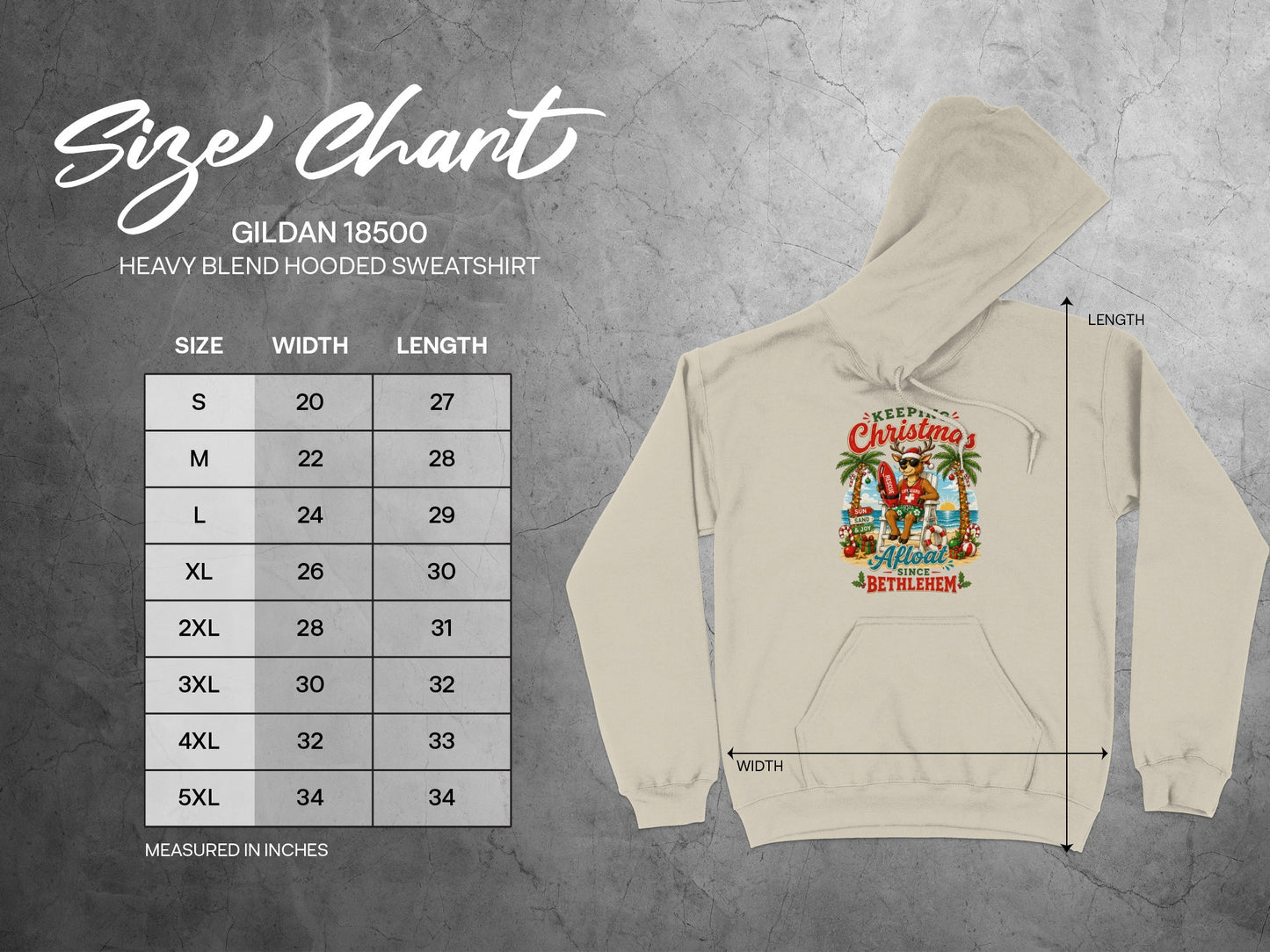 Gildan 18500 size chart for hooded sweatshirts with graphic.