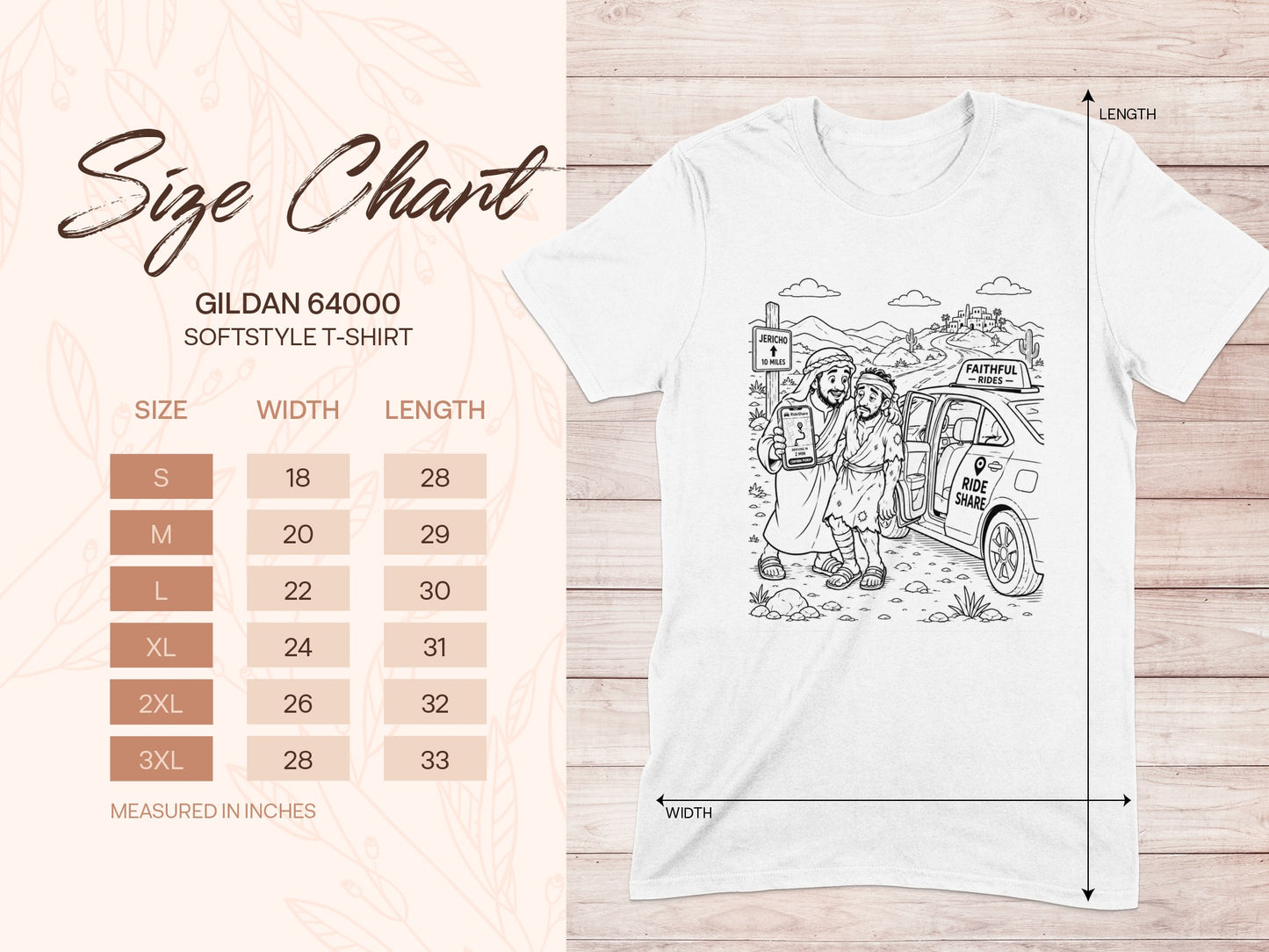 Gildan 64000 Softstyle T-shirt size chart with width and length measurements.
