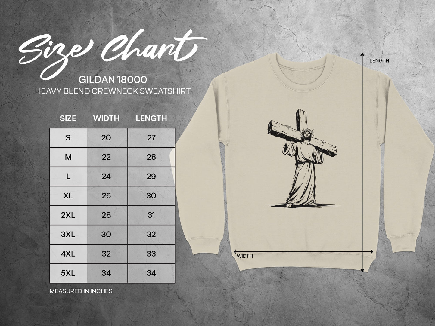 Gildan 18000 sweatshirt size chart with Jesus graphic.
