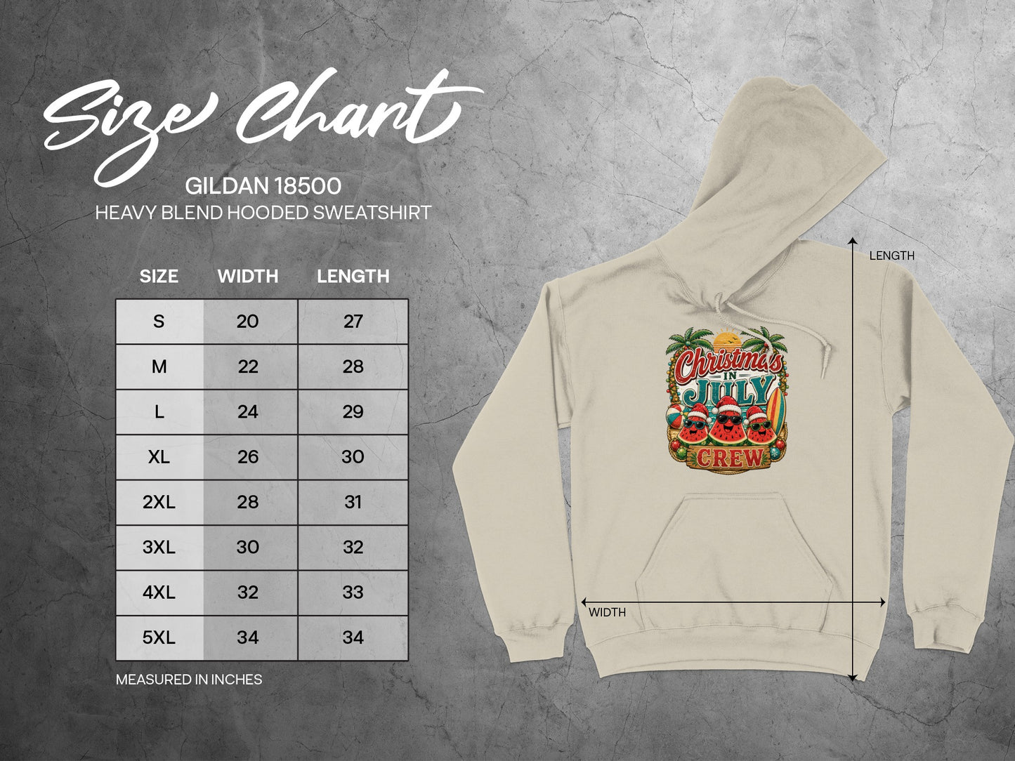 Gildan 18500 hoodie size chart with measurements for width and length.