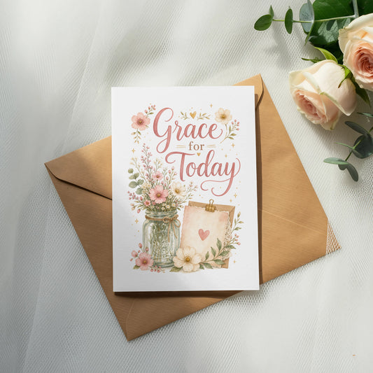 Card with floral 'Grace for Today' design on an envelope, with roses.