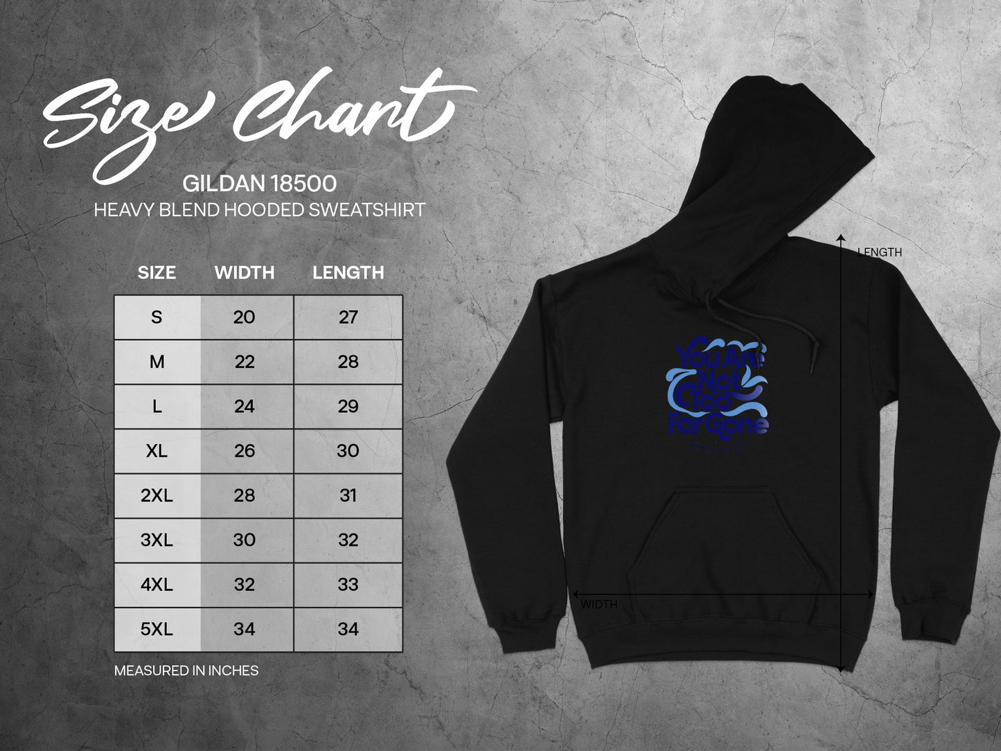 Gildan 18500 heavy blend hooded sweatshirt size chart with measurements in inches.