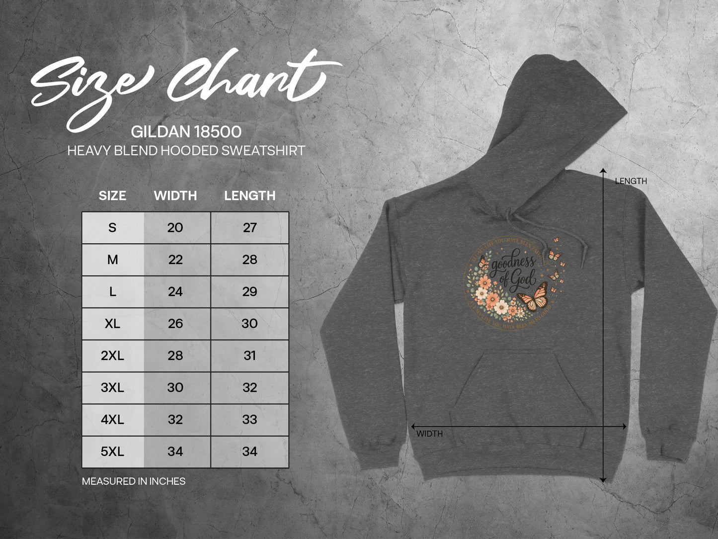 Gildan 18500 heavy blend hooded sweatshirt size chart with measurements.