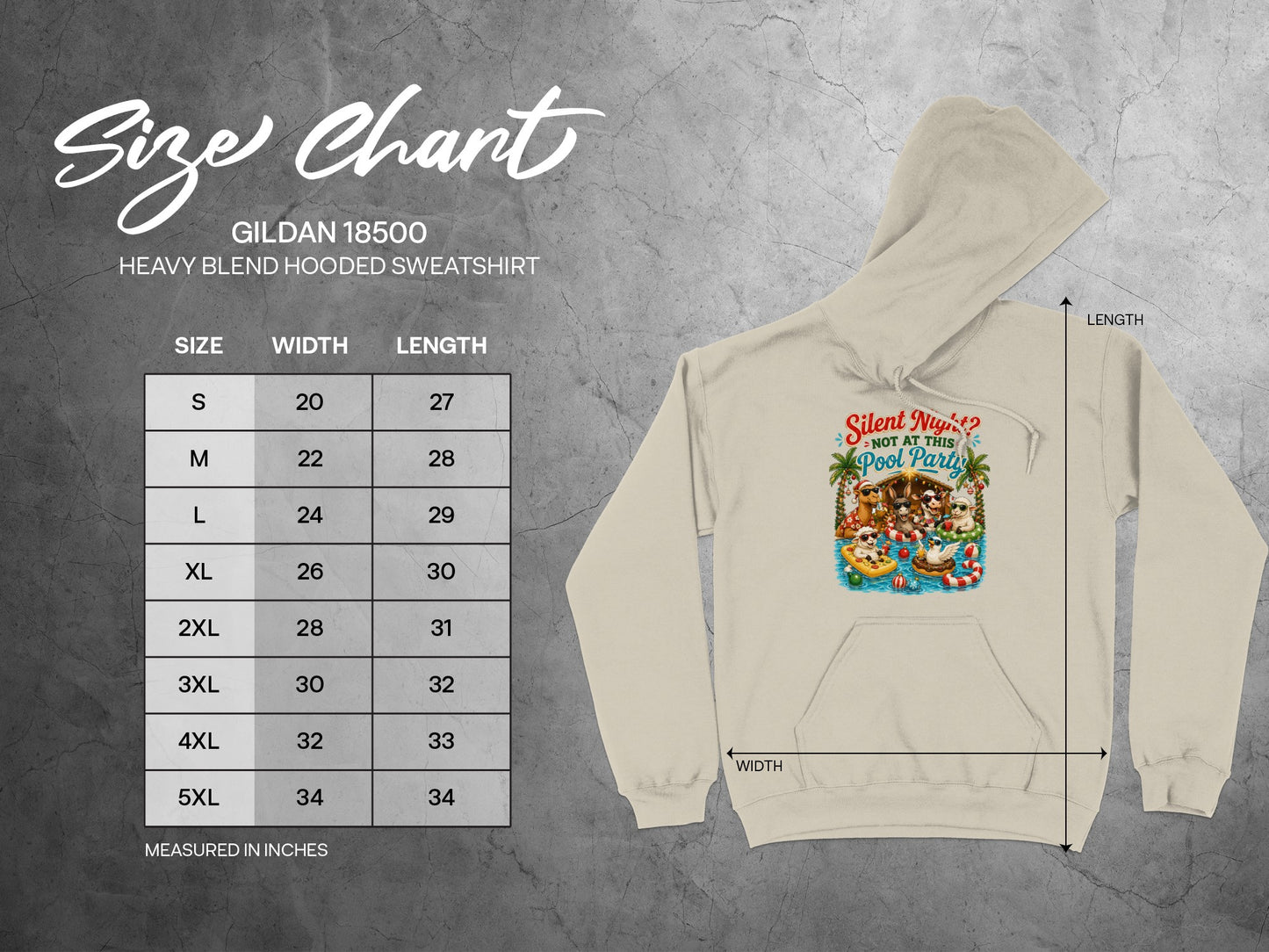 Gildan 18500 size chart for hooded sweatshirt with cartoon pool party graphic.