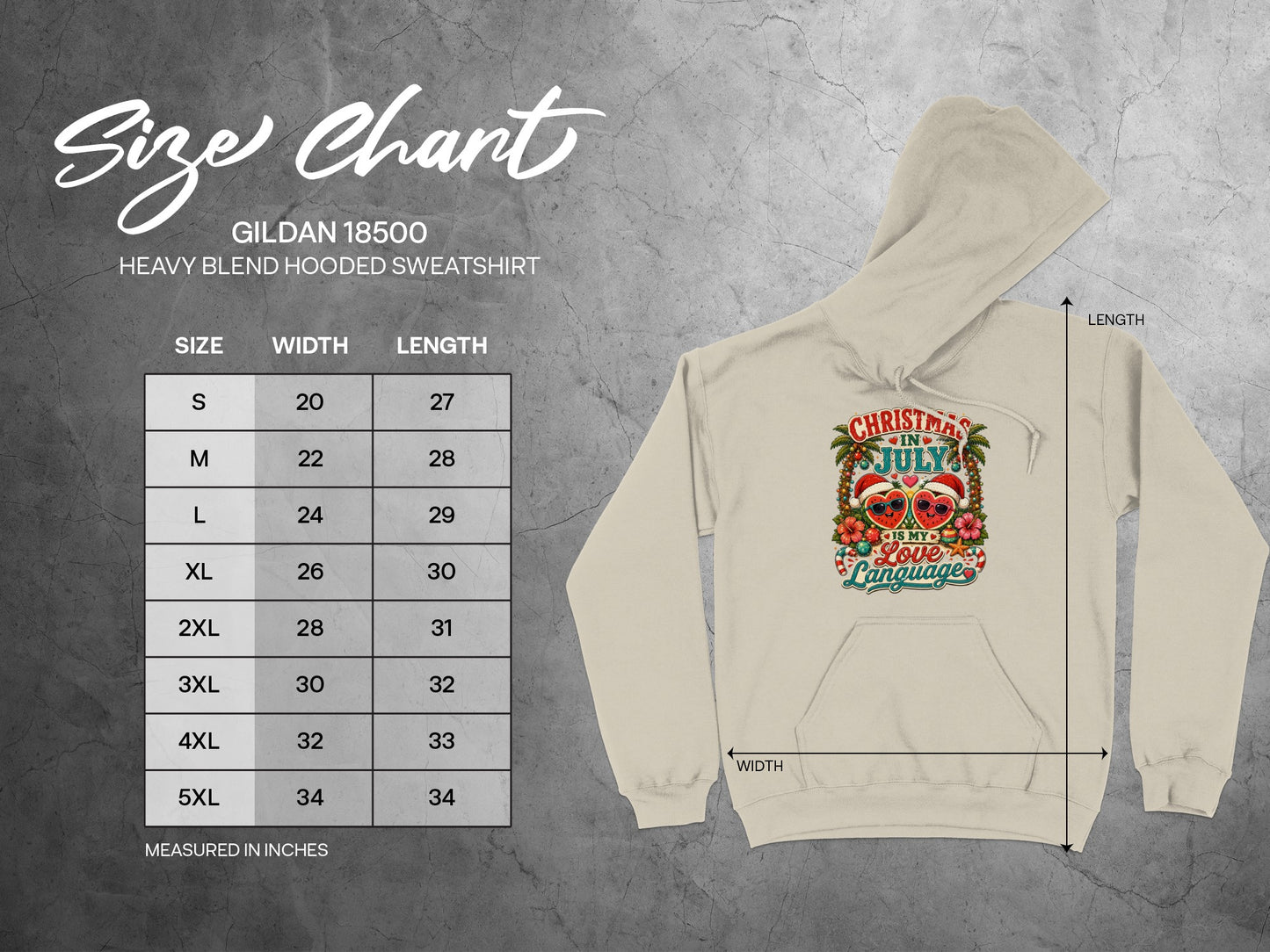 Gildan 18500 size chart with Christmas in July graphic on hoodie.