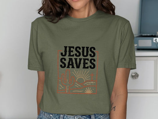 Jesus Saves T-Shirt, Christian Faith Tee, Religious Desert Landscape Shirt, Inspirational Cactus Cross Design, Western Spiritual Gift Top
