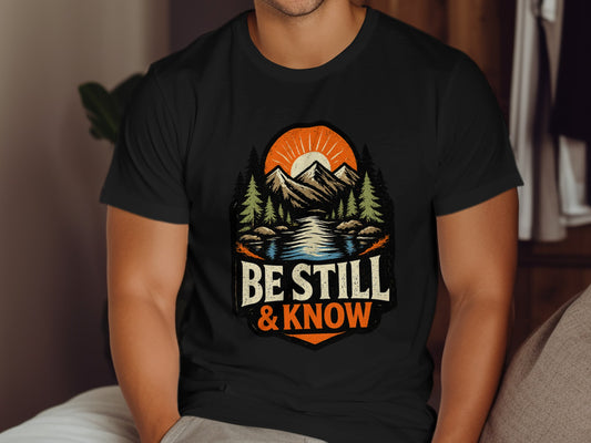 Black t-shirt with "Be Still & Know" text, mountains, and sun graphic.