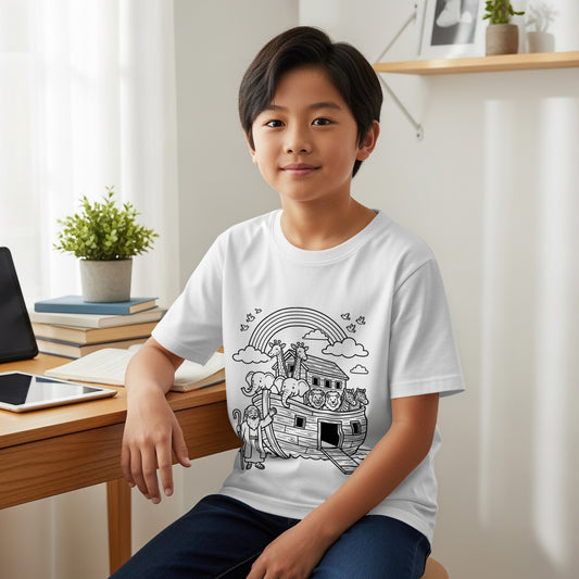 Child in white t-shirt with Noah's Ark design, sitting at a desk.