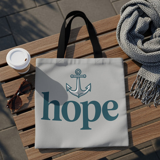 Tote bag with anchor and "hope" text on light gray background.
