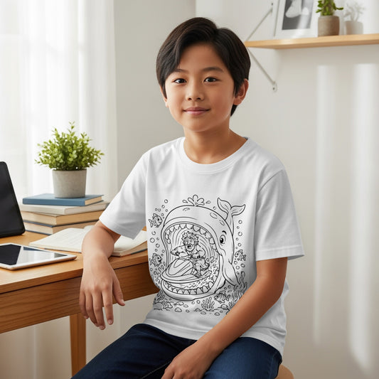 Boy wearing a white t-shirt with a cartoon whale and surfer design.
