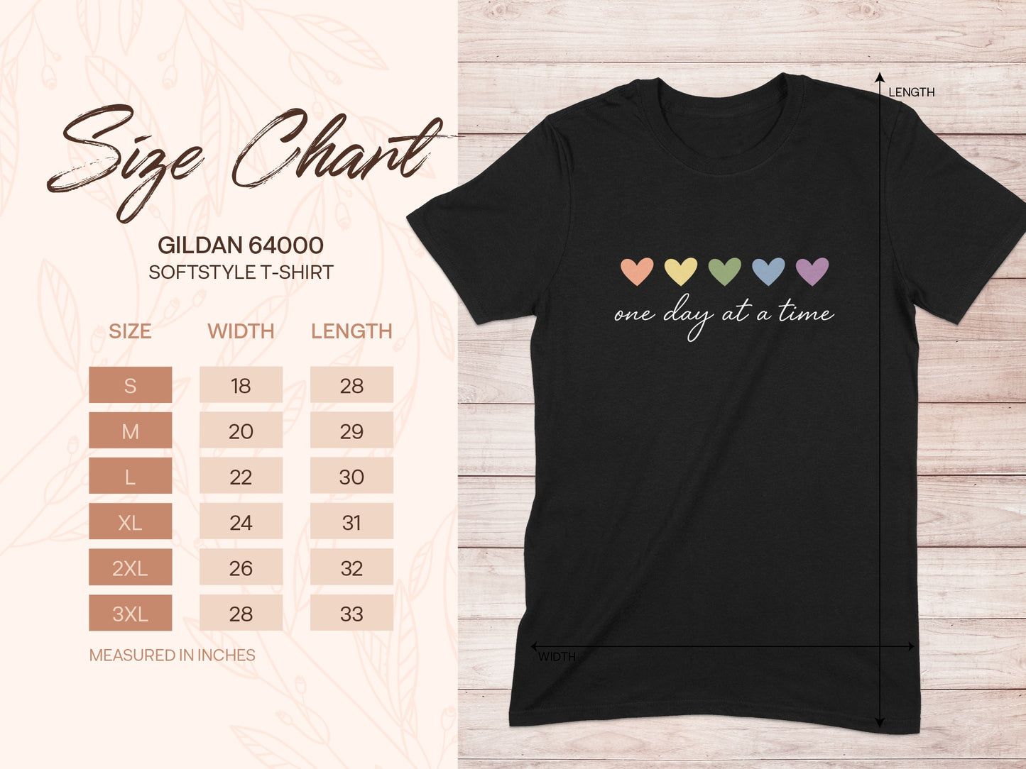 Gildan 64000 size chart for softstyle t-shirt with measurements.