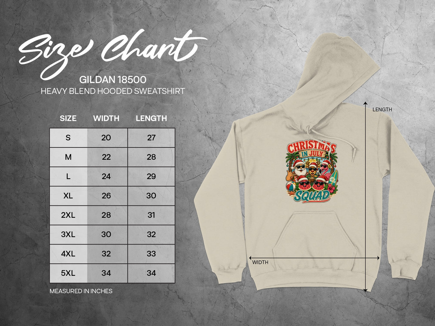 Gildan 18500 size chart with measurements for a hooded sweatshirt.