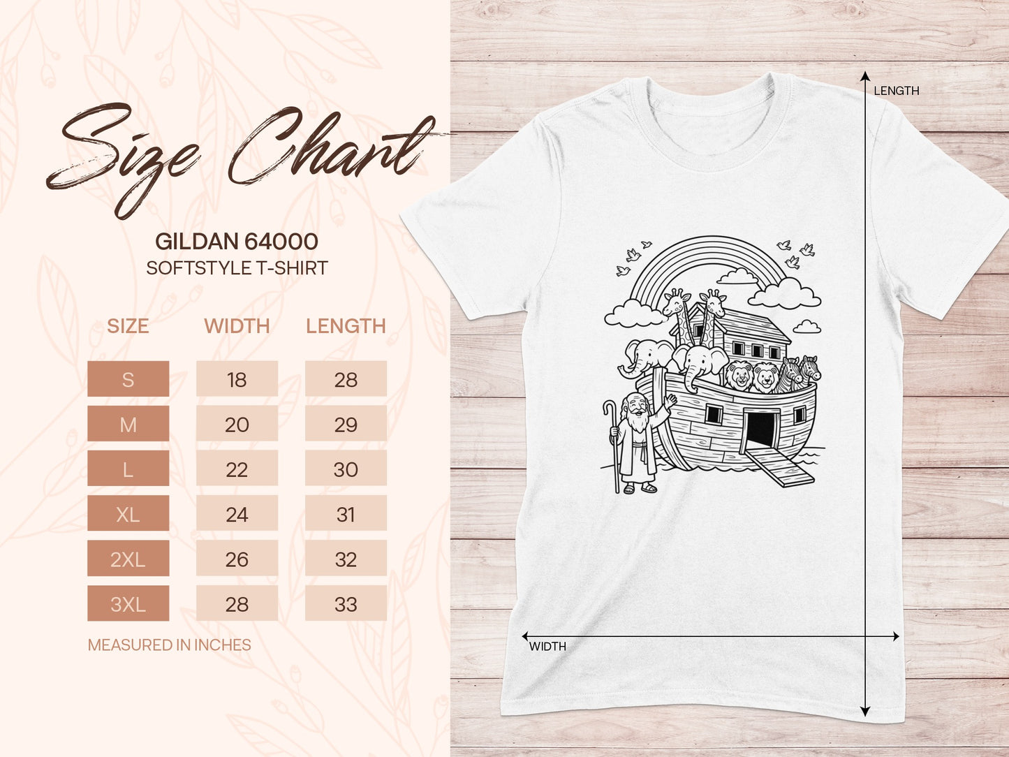 Gildan 64000 Softstyle t-shirt size chart with Noah's Ark graphic.