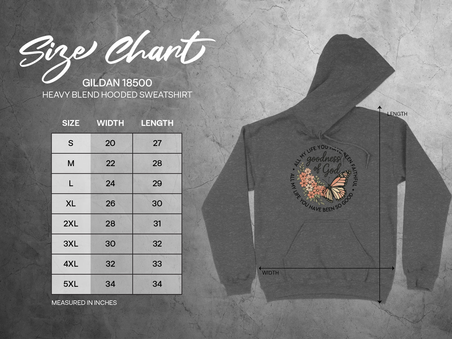 Gildan 18500 size chart showing width and length for hooded sweatshirts.
