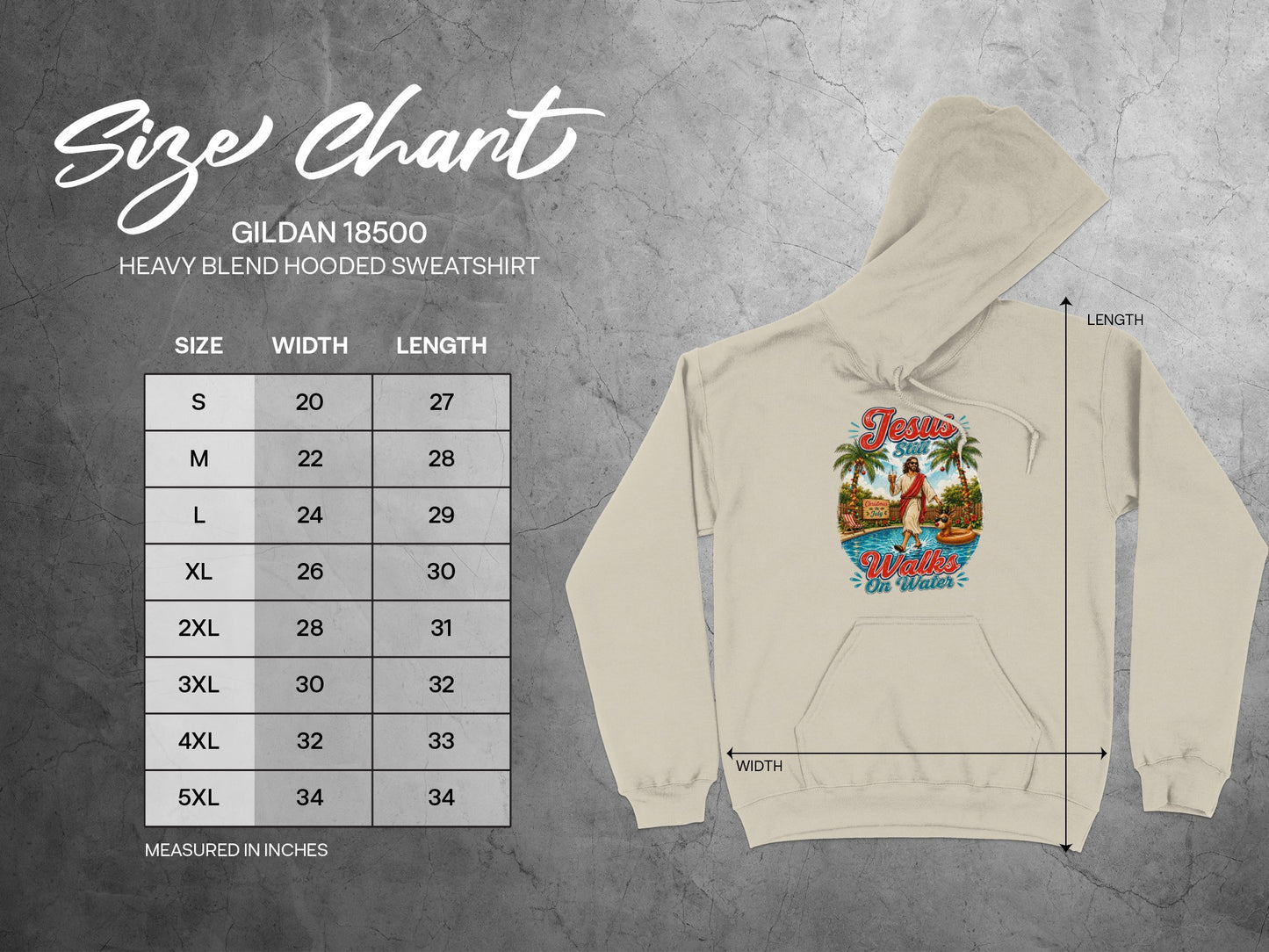 Gildan 18500 hooded sweatshirt size chart with garment dimensions and a graphic.