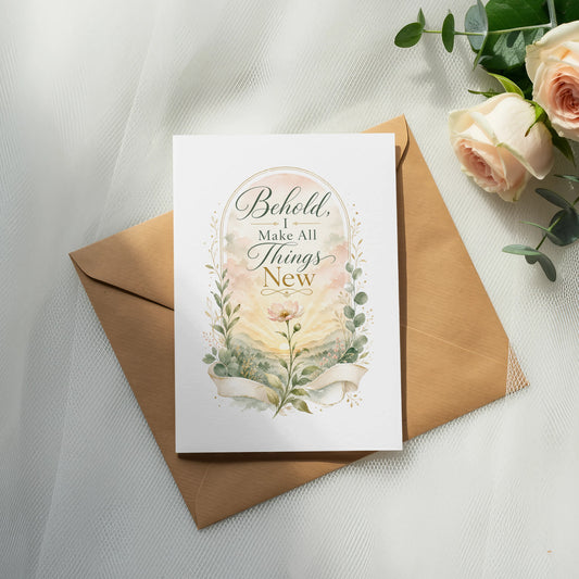 Greeting card with text "Behold, I Make All Things New" and floral design.