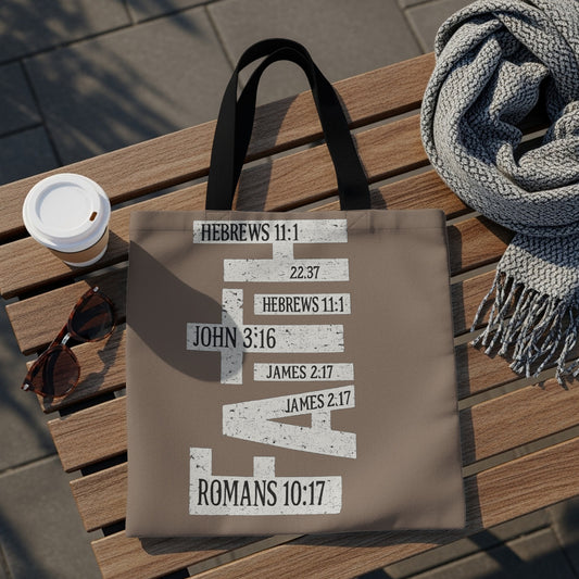 Tote bag with "FAITH" spelled out using Bible verses and references.