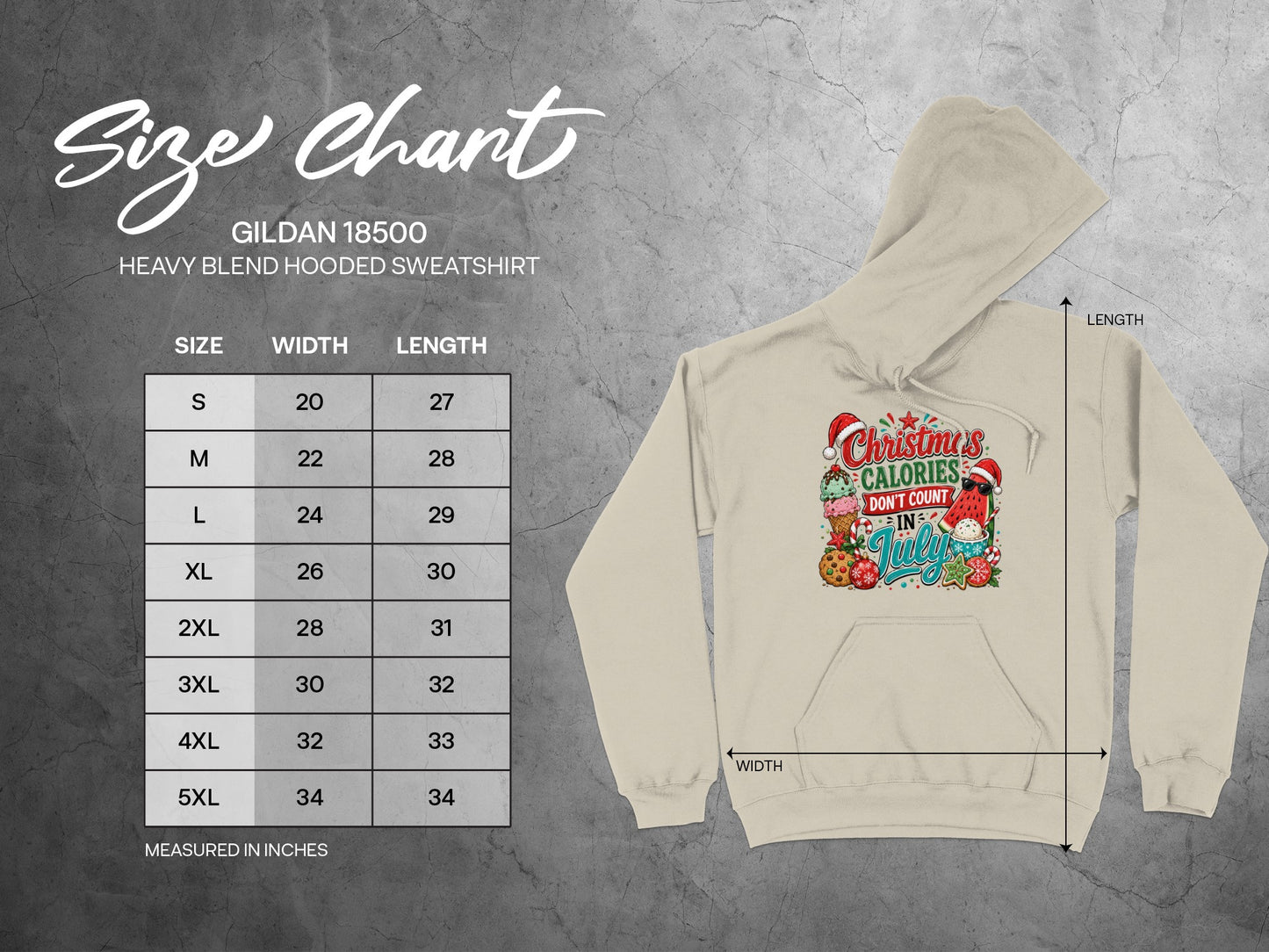 Gildan 18500 size chart with hoodie graphic and Christmas in July design.