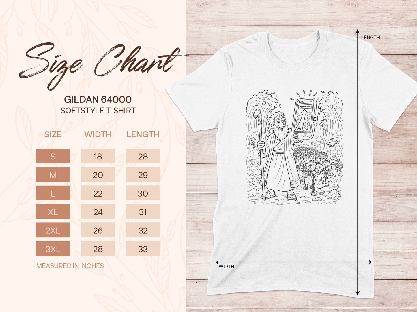 Gildan 64000 Softstyle T-shirt size chart with cartoon Moses parting water.
