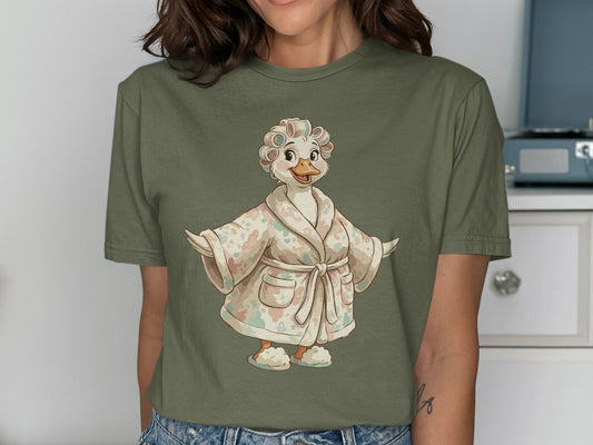Duck in a robe and slippers with curlers in its hair.
