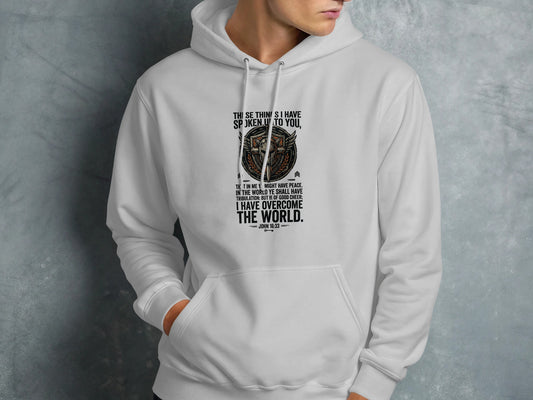 White hoodie with John 16:33 Bible verse and owl graphic.