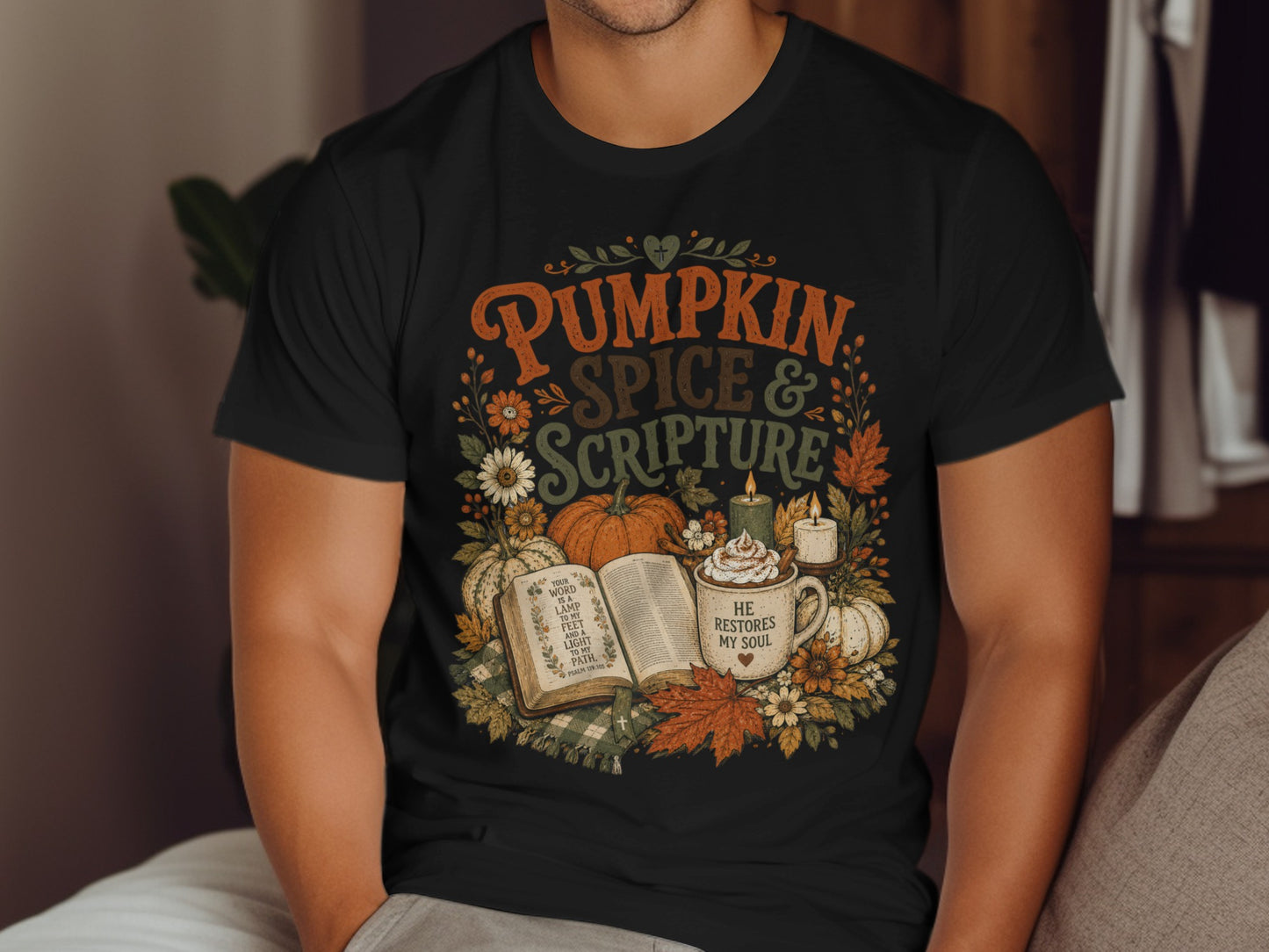 Black t-shirt with "Pumpkin Spice & Scripture" design and Bible verse.