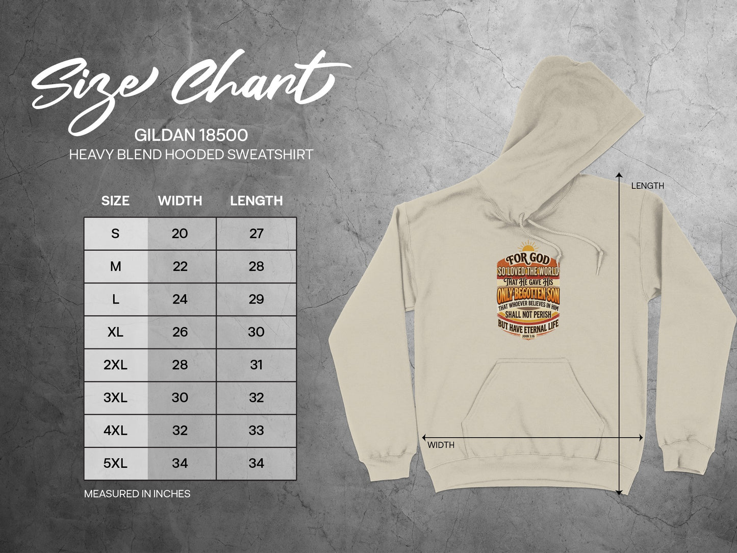 Gildan 18500 size chart for heavy blend hooded sweatshirt with measurements.