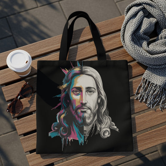 Black tote bag with a split portrait of Jesus, one side colorful, the other sketched.