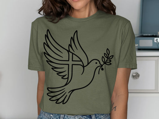 Olive green t-shirt featuring a black outline of a dove carrying an olive branch.