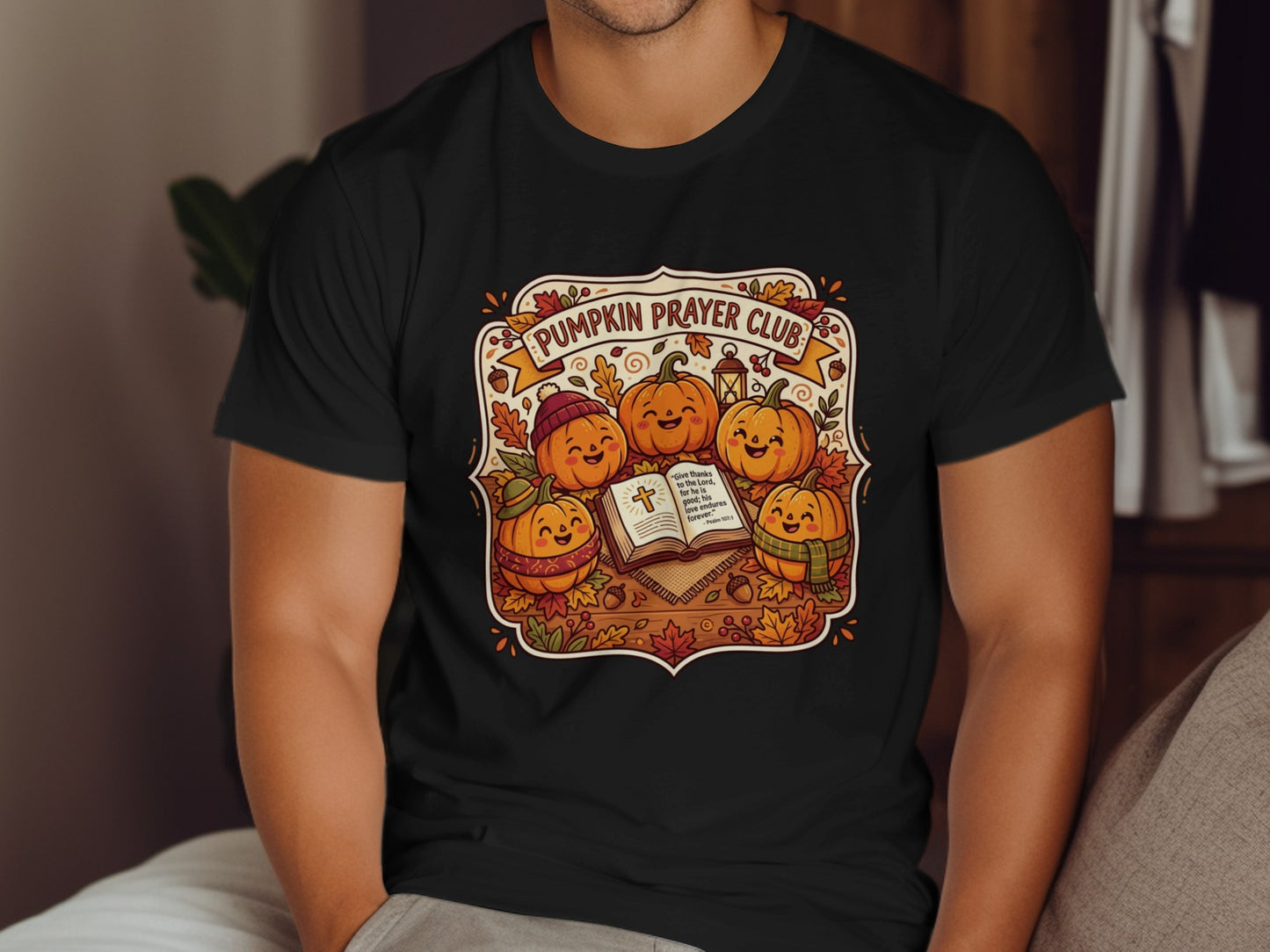 Pumpkin Prayer Club graphic with smiling pumpkins and Bible verse Psalm 107:1.