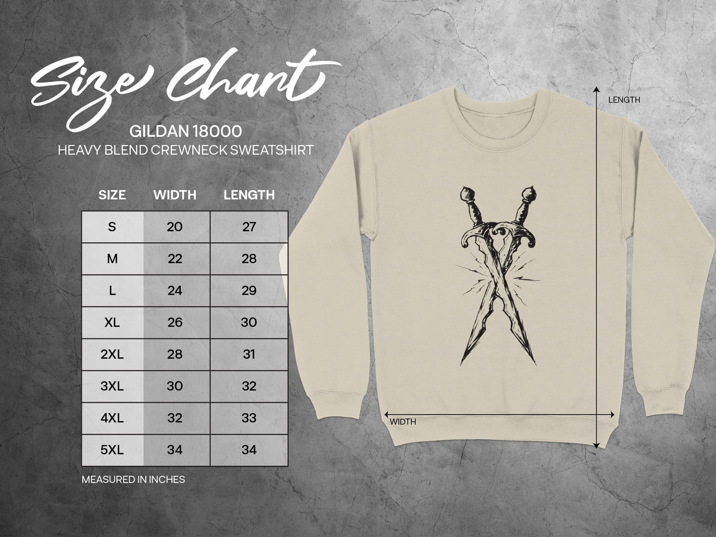 Gildan 18000 sweatshirt size chart with measurements for width and length.
