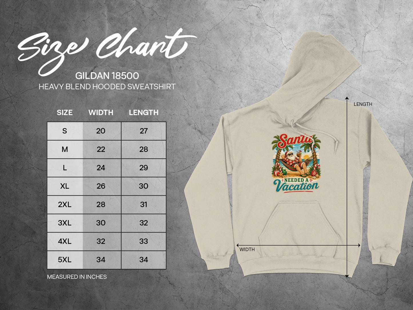 Gildan 18500 hooded sweatshirt size chart with dimensions and Santa vacation graphic.