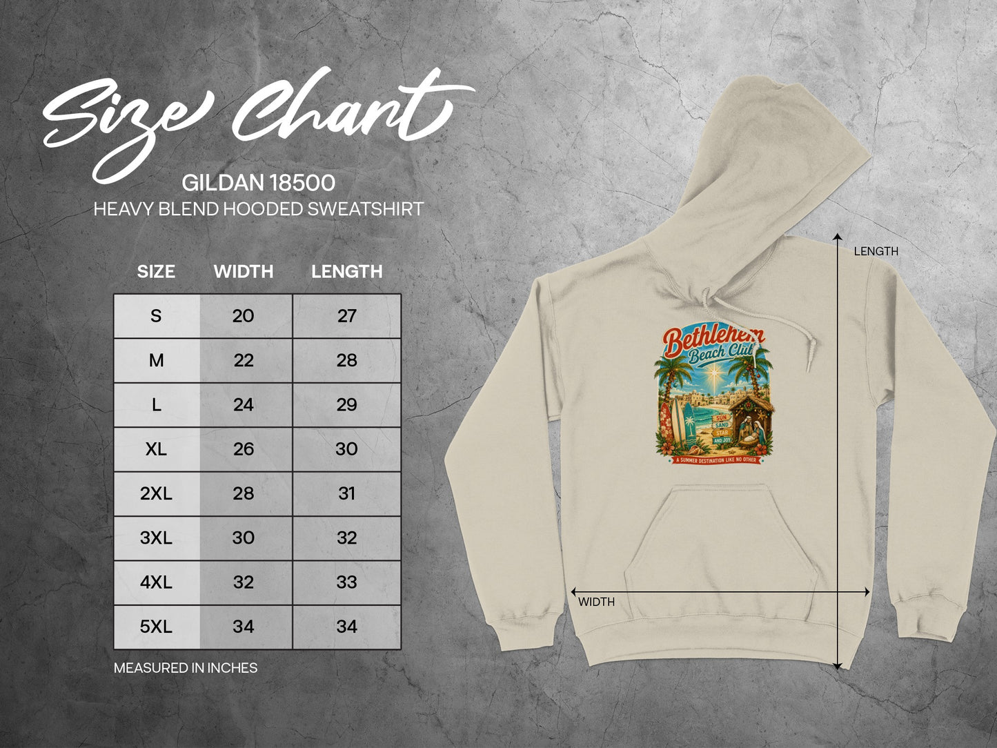 Gildan 18500 hooded sweatshirt size chart with measurements.