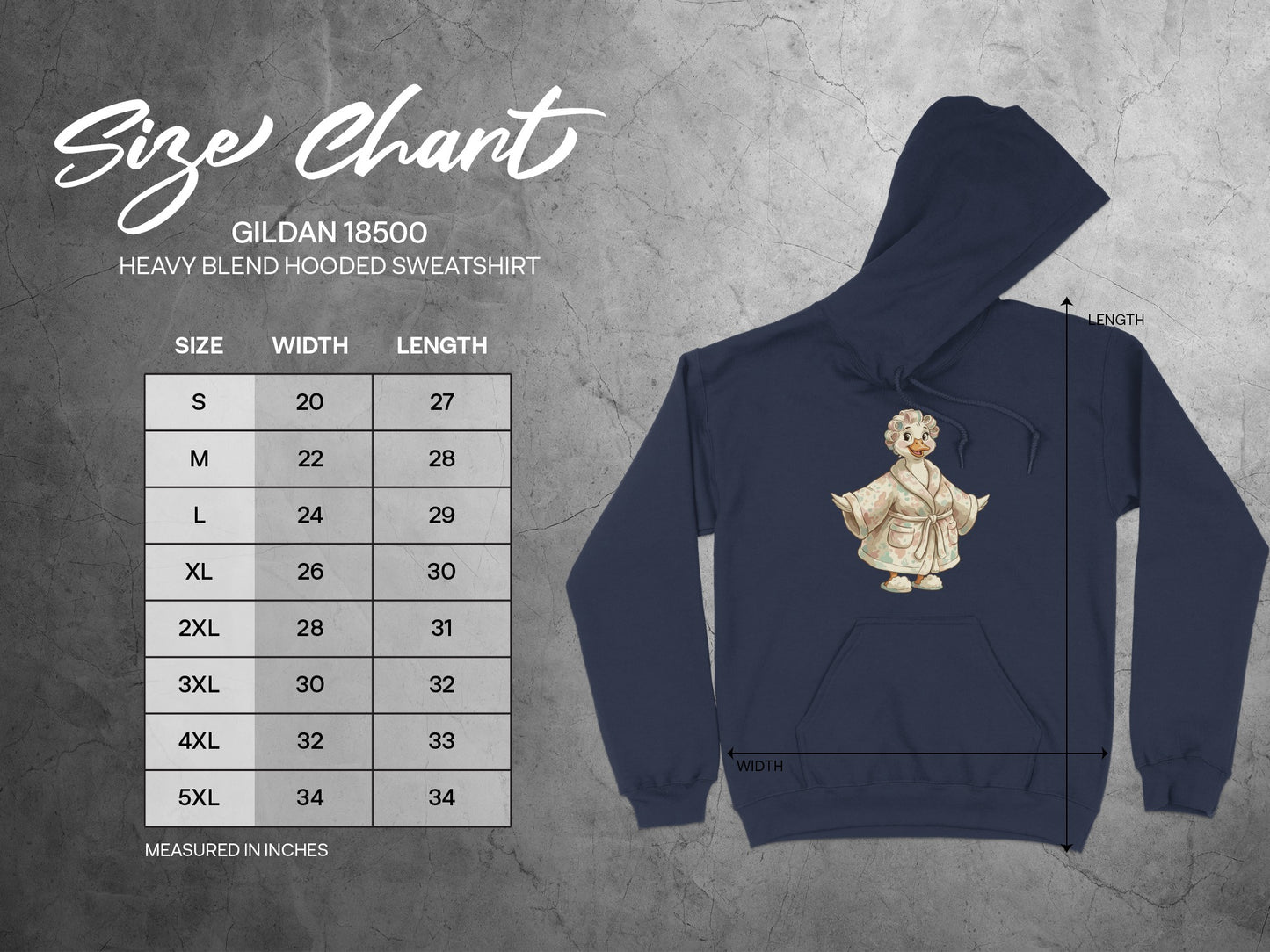 Gildan 18500 hooded sweatshirt size chart with measurements in inches.