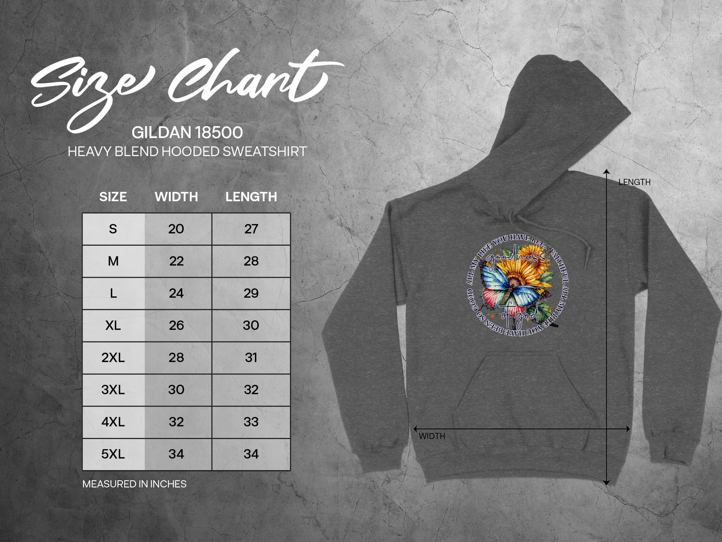 Gildan 18500 size chart for heavy blend hooded sweatshirt, listing measurements.
