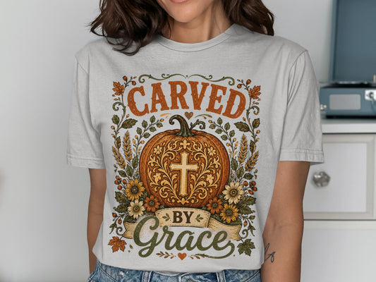 T-shirt with "Carved by Grace" text and ornate pumpkin and floral design.