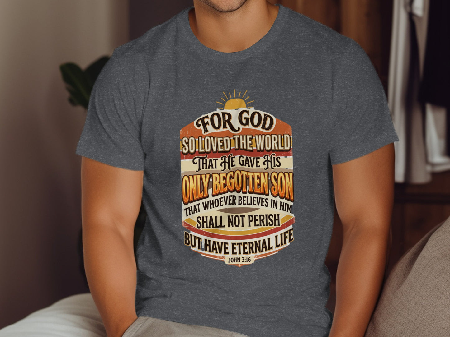 T-shirt with John 3:16 scripture in vintage distressed font.