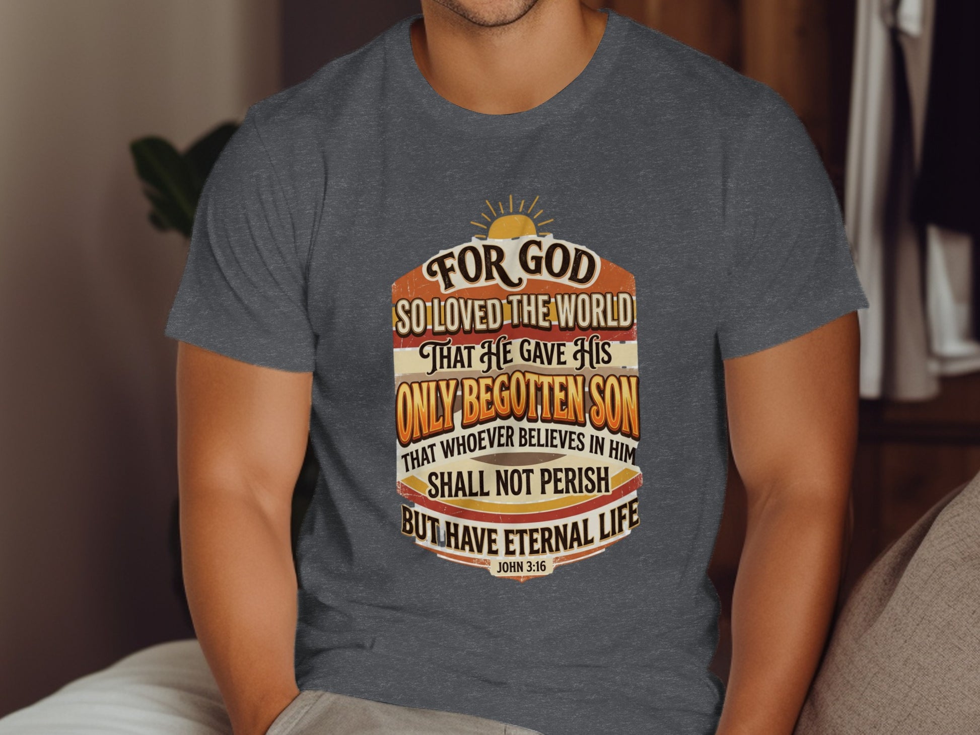 T-shirt with John 3:16 scripture in vintage distressed font.