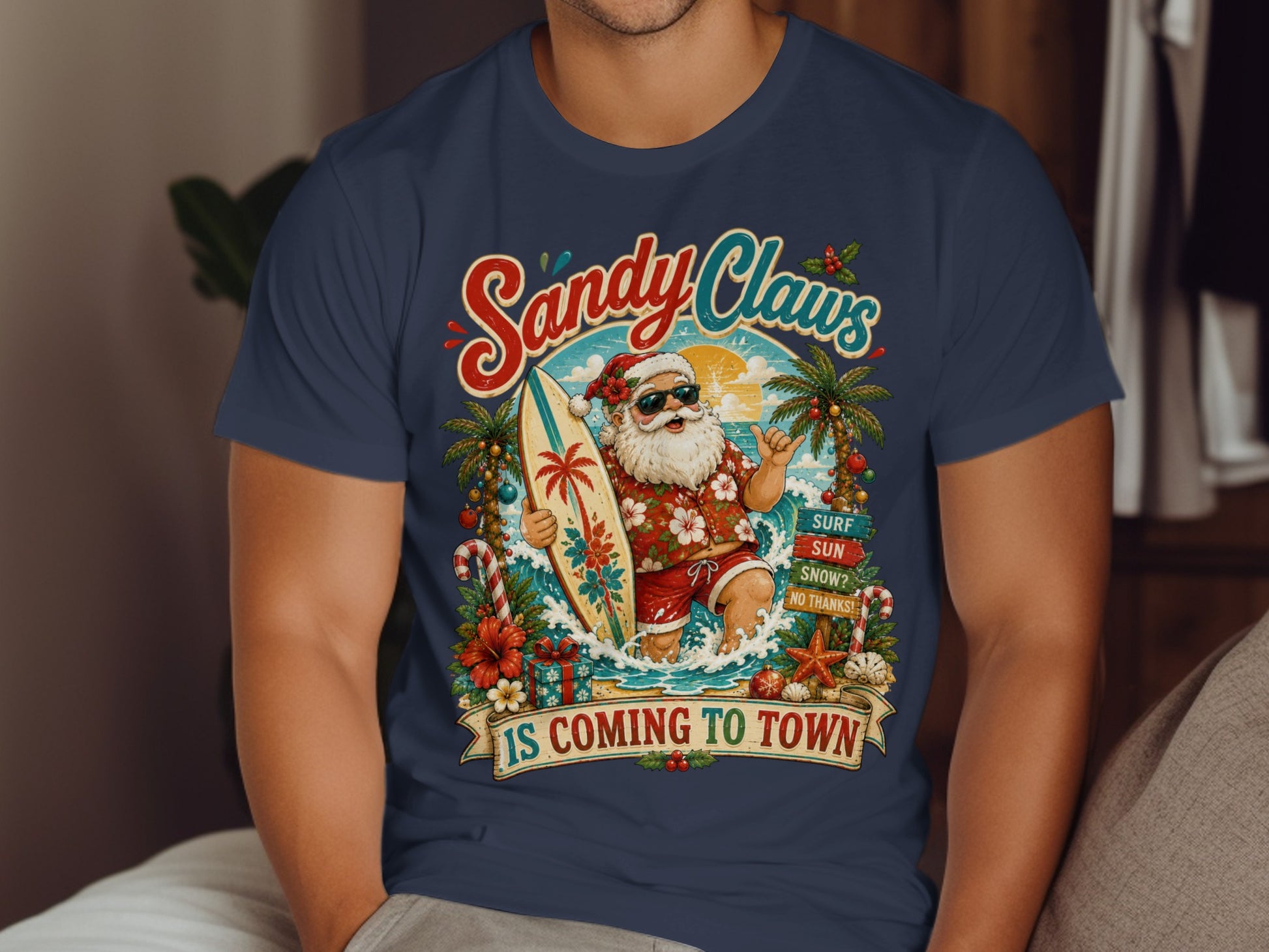 Santa surfing with a surfboard, candy cane, and palm trees.