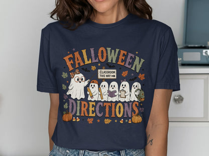 Falloween Directions graphic with cute ghosts holding school supplies and pumpkins.