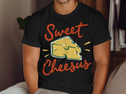 Black t-shirt with "Sweet Cheesus" text and cartoon cheese wedge graphic.