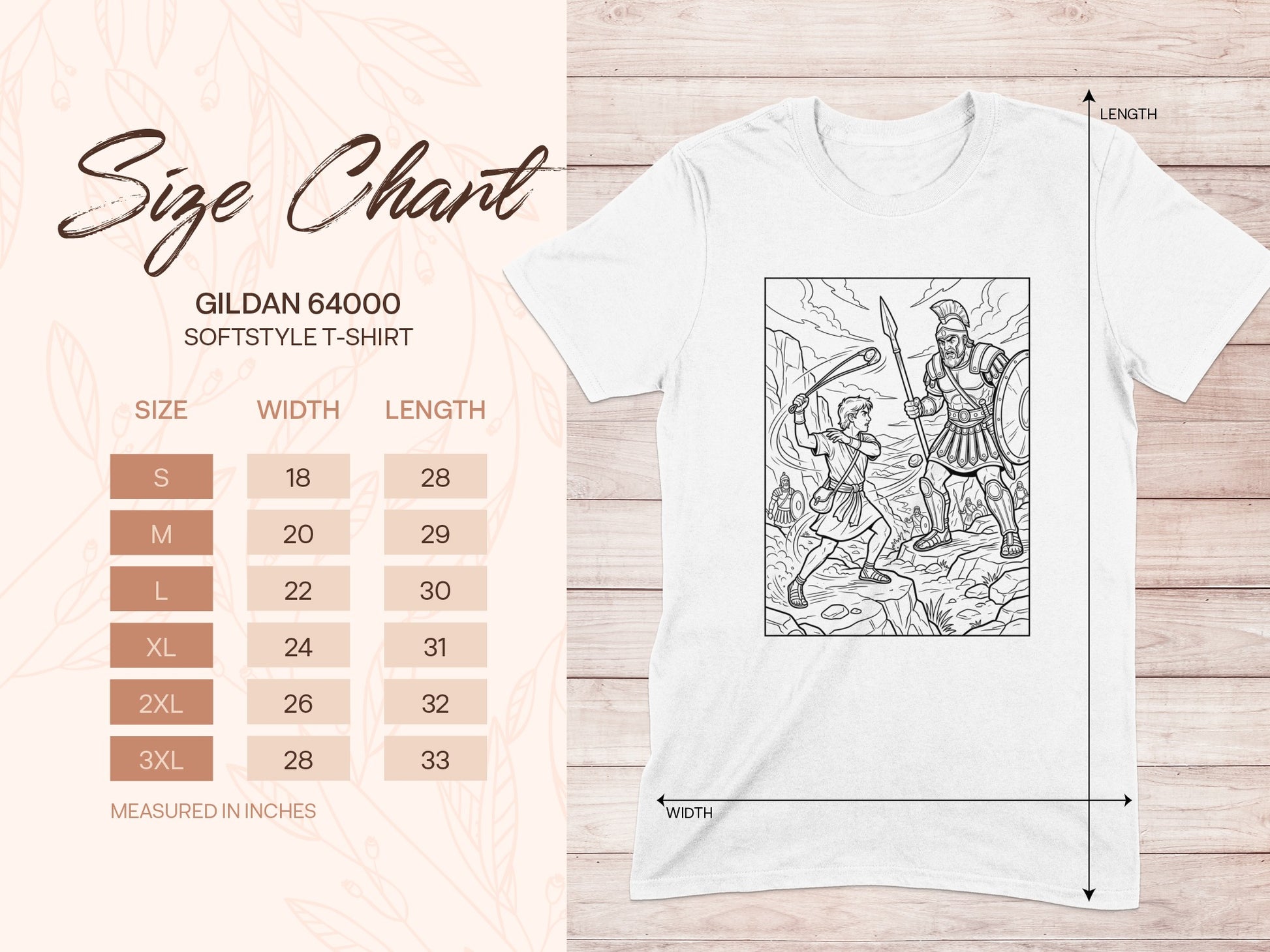 Gildan 64000 Softstyle T-shirt size chart with measurements in inches.
