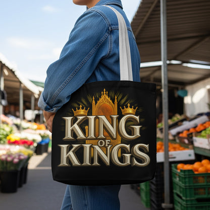 Tote bag with "King of Kings" text, golden throne, and crowns on black background.
