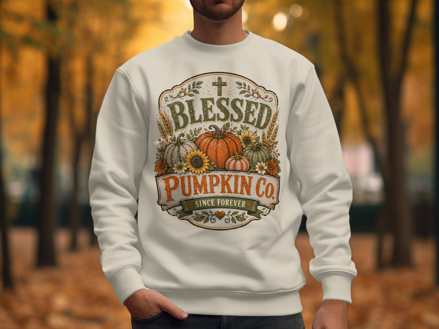 Crewneck sweatshirt with "Blessed Pumpkin Co. Since Forever" and autumn graphics.