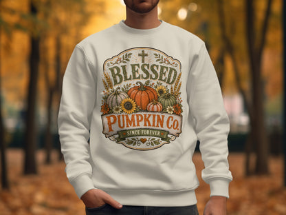 Crewneck sweatshirt with "Blessed Pumpkin Co. Since Forever" and autumn graphics.