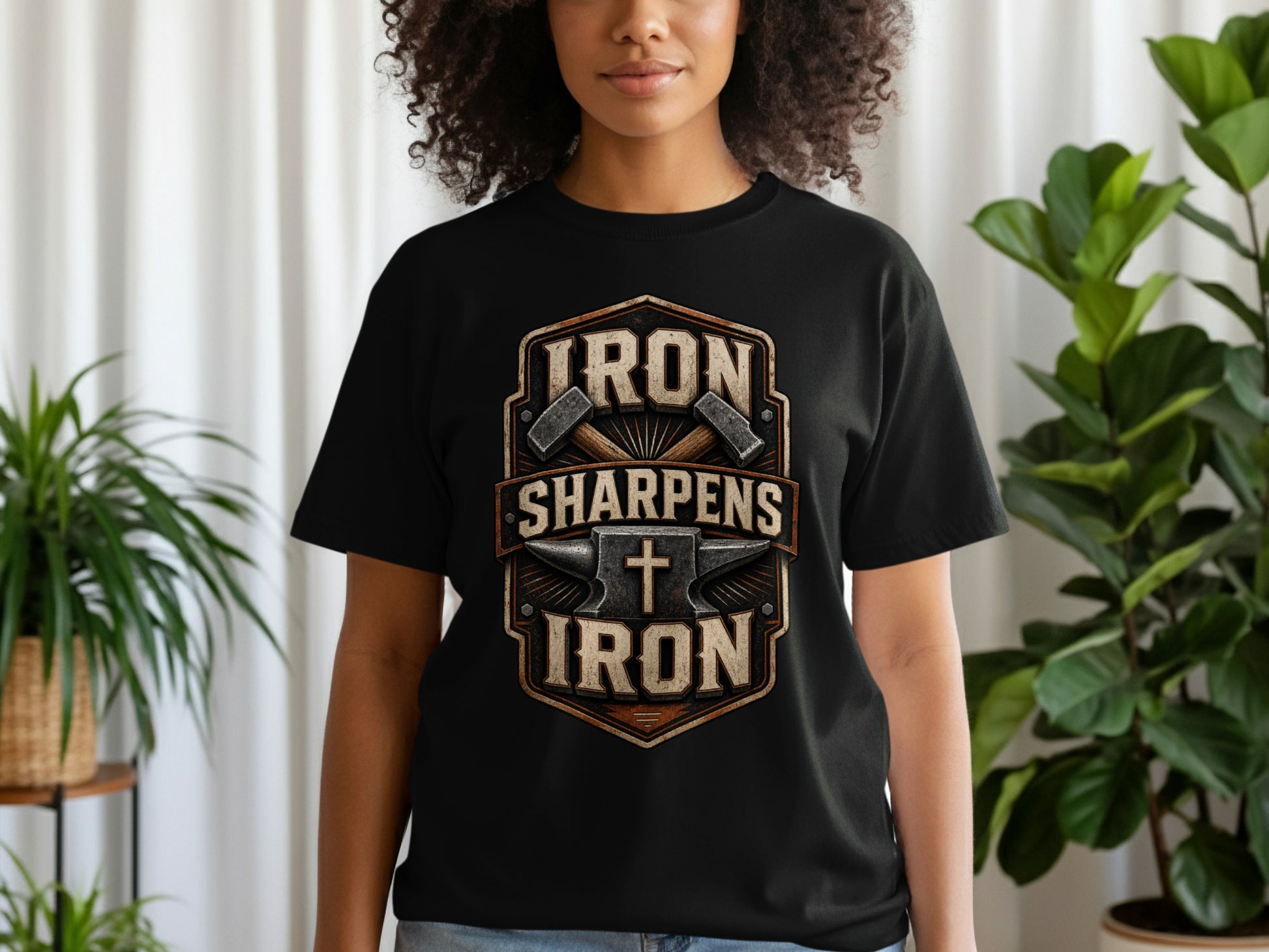 Black t-shirt with central graphic: "IRON SHARPENS IRON" andanvil and cross.