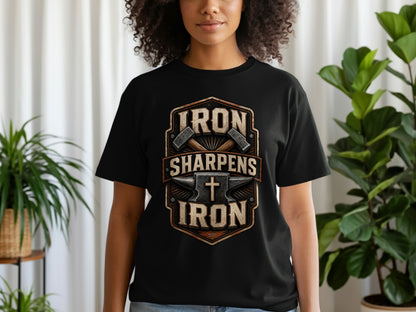 Black t-shirt with central graphic: "IRON SHARPENS IRON" andanvil and cross.