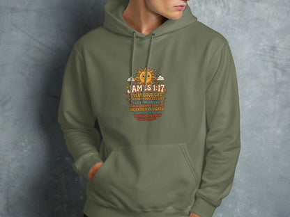 Green hoodie with James 1:17 Bible verse and a smiling sun graphic.