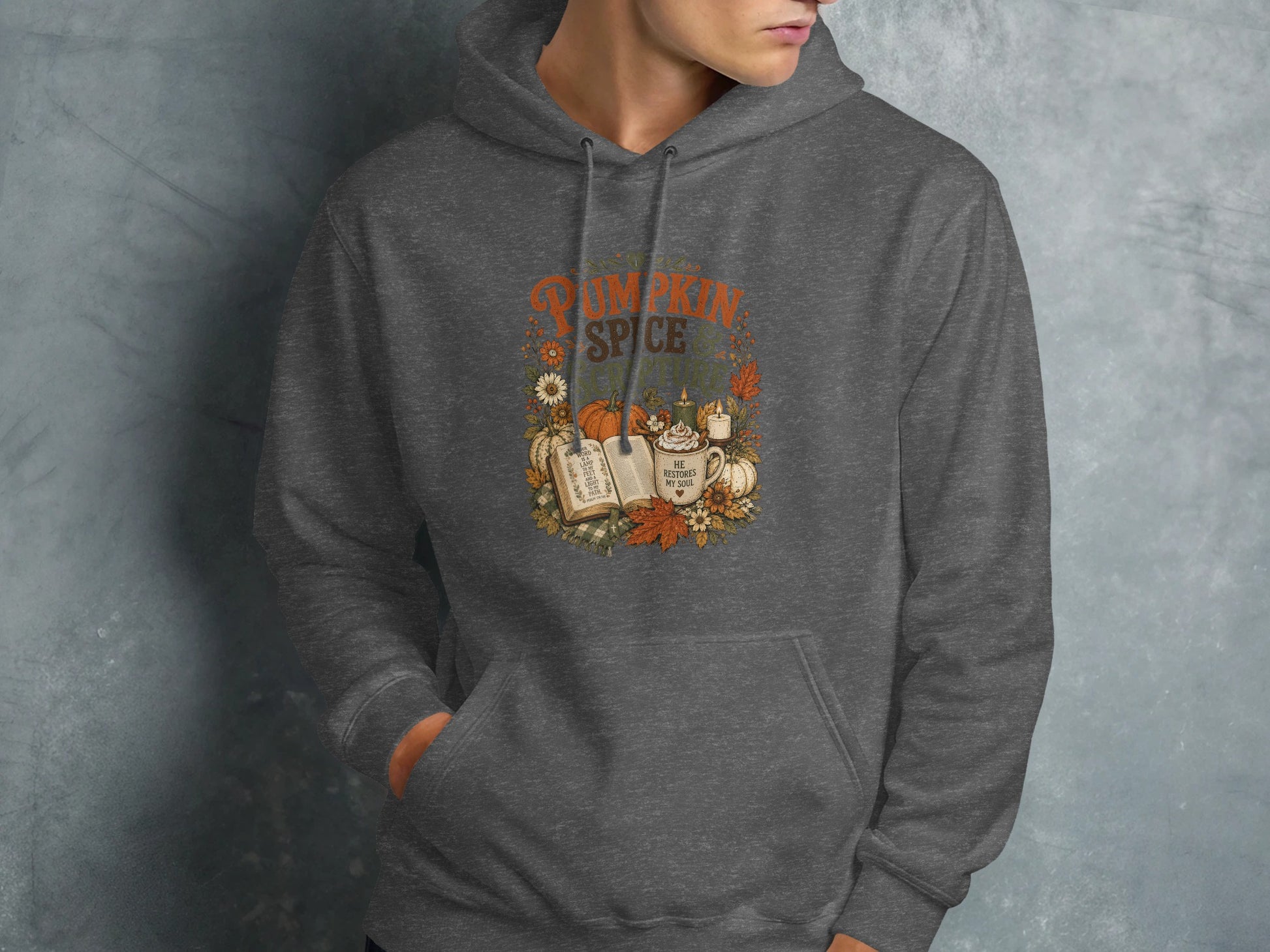 Dark gray hoodie with "Pumpkin Spice" and fall-themed graphics.